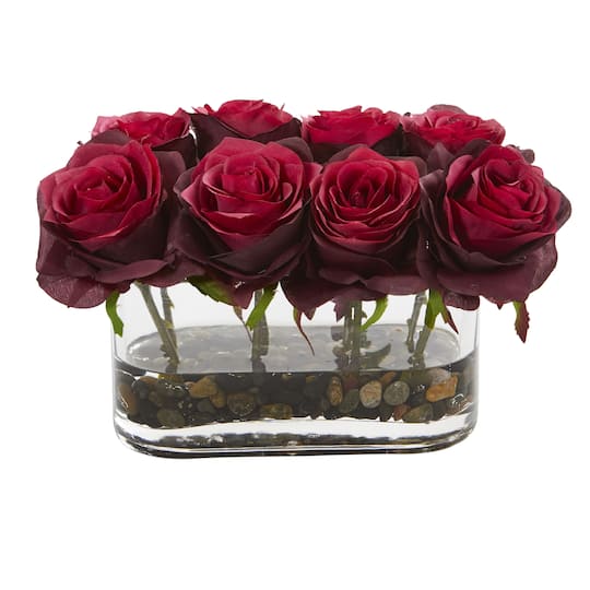 5.5&#x22; Burgundy Blooming Roses Arrangement in Glass Vase